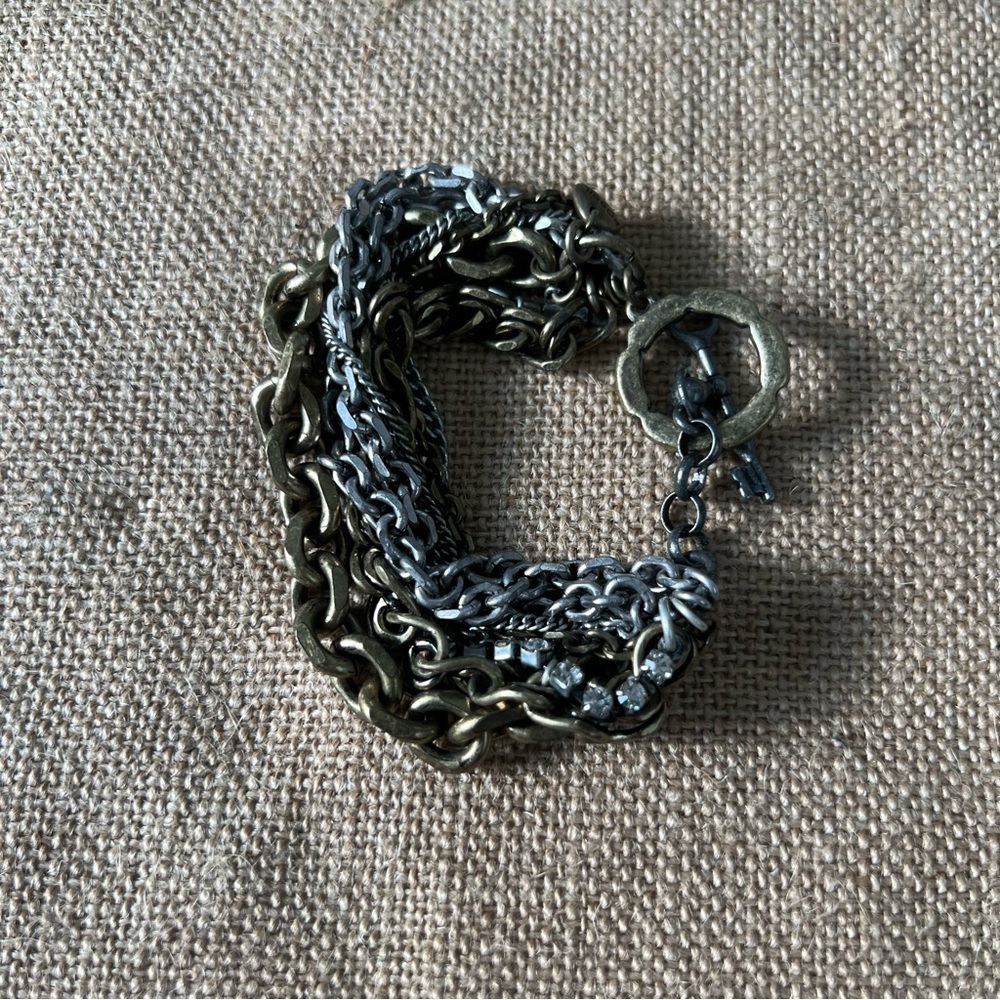 Mixed metal silver tone chain link chunky bracelet key toggle easy closure heavy - Picture 4 of 5